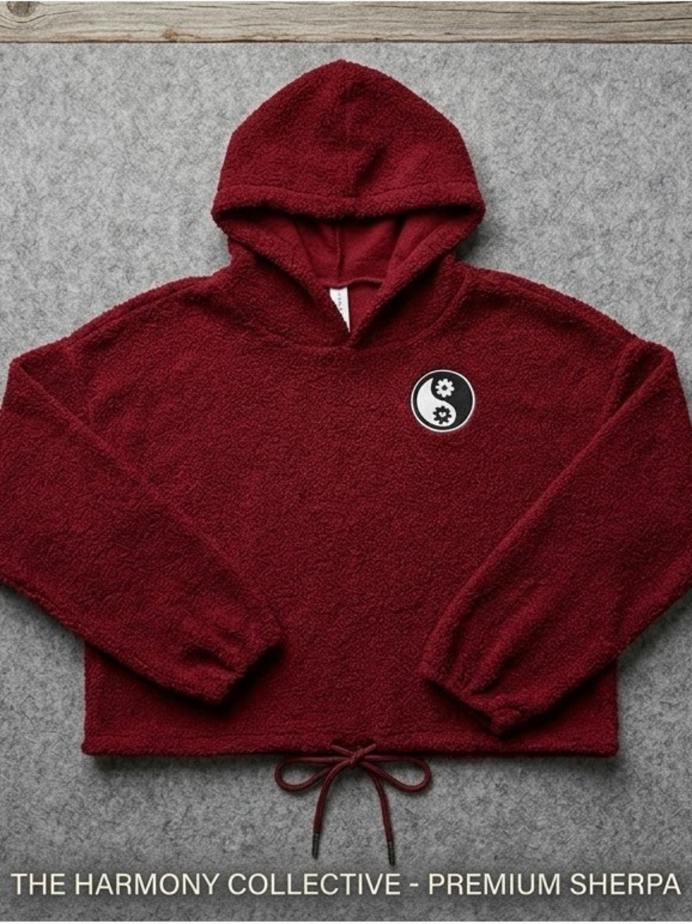 No Boundaries Maroon Sherpa Hoodie with Yin-Yang Patch